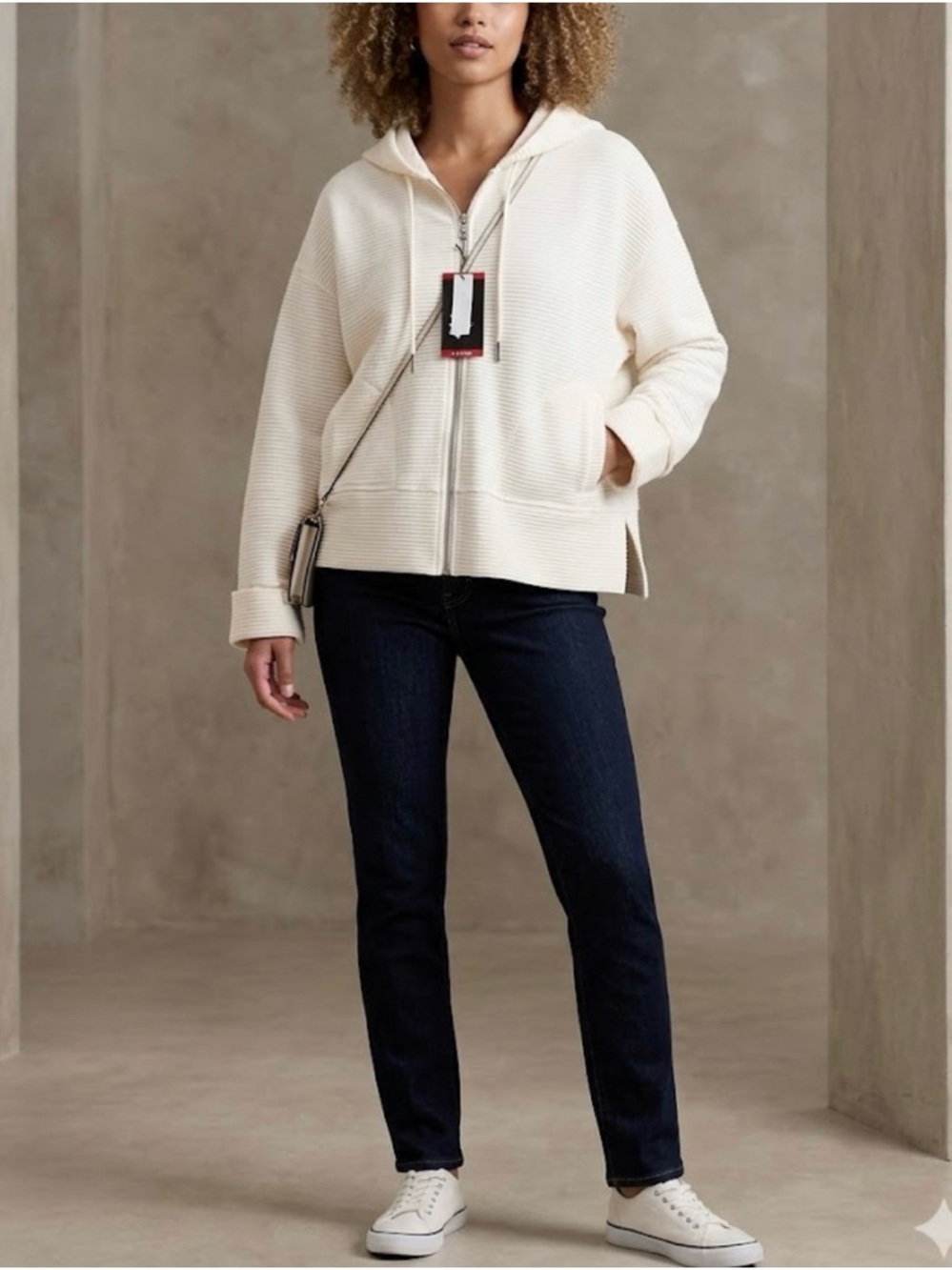 DKNY Cream Ribbed Full-Zip Hooded Bomber Jacket